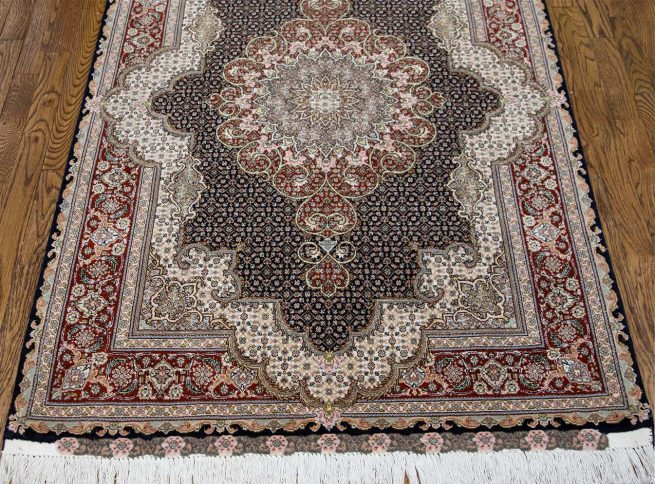 A matching area rug, handmade Persian Tabriz wool and silk in black color. Size 3.4x5.5.