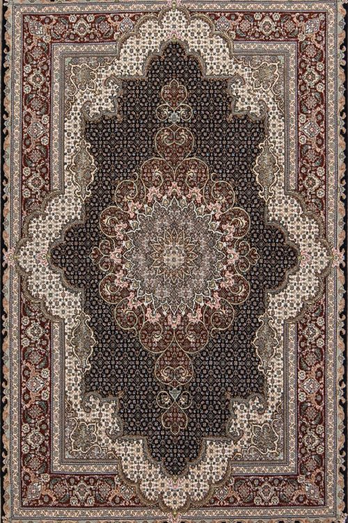 A matching area rug, handmade Persian Tabriz wool and silk in black color. Size 3.4x5.5.