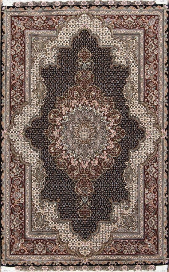 A matching area rug, handmade Persian Tabriz wool and silk in black color. Size 3.4x5.5.