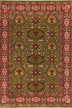 Handmade floral traditional wool Persian Sarouk wool area rug in green and red colors. Size 3.9x4.7.