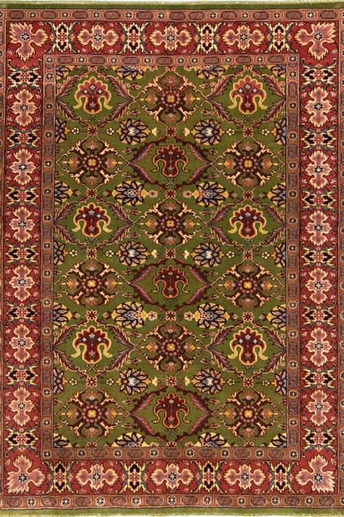 Handmade floral traditional wool Persian Sarouk wool area rug in green and red colors. Size 3.9x4.7.