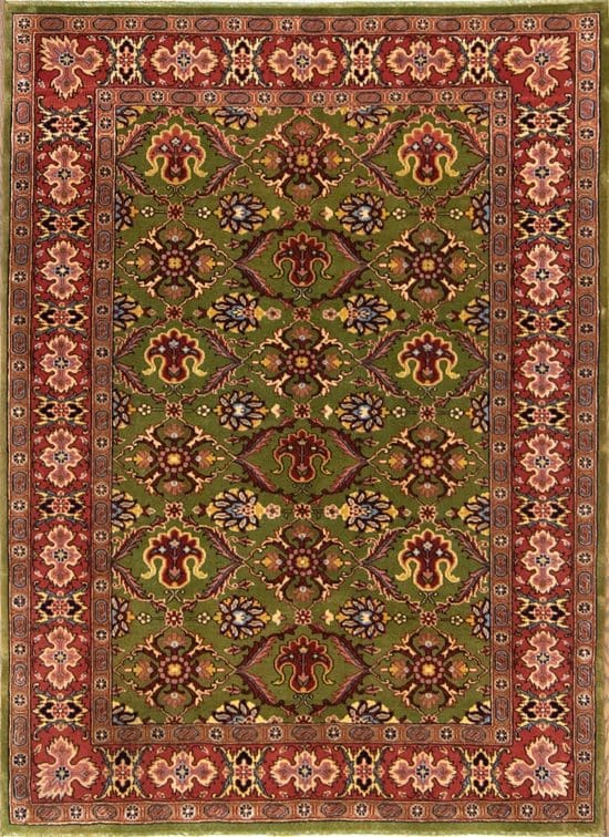 Handmade floral traditional wool Persian Sarouk wool area rug in green and red colors. Size 3.9x4.7.