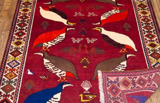 Red color handmade Persian Shiraz wool rug with quails for kids rooms. Size 4.1x6.3.