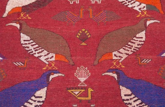 Red color handmade Persian Shiraz wool rug with quails for kids rooms. Size 4.1x6.3.