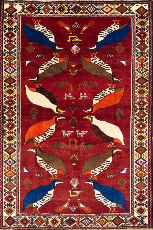 Red color handmade Persian Shiraz wool rug with quails for kids rooms. Size 4.1x6.3.