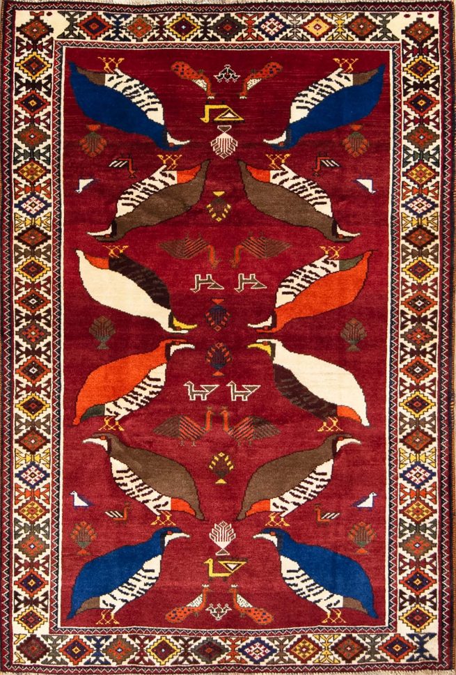 Red color handmade Persian Shiraz wool rug with quails for kids rooms. Size 4.1x6.3.