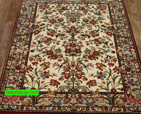 Handmade Persian Qum wool and silk rug in pastel color, tree of life design with birds. Size 3.5x5.