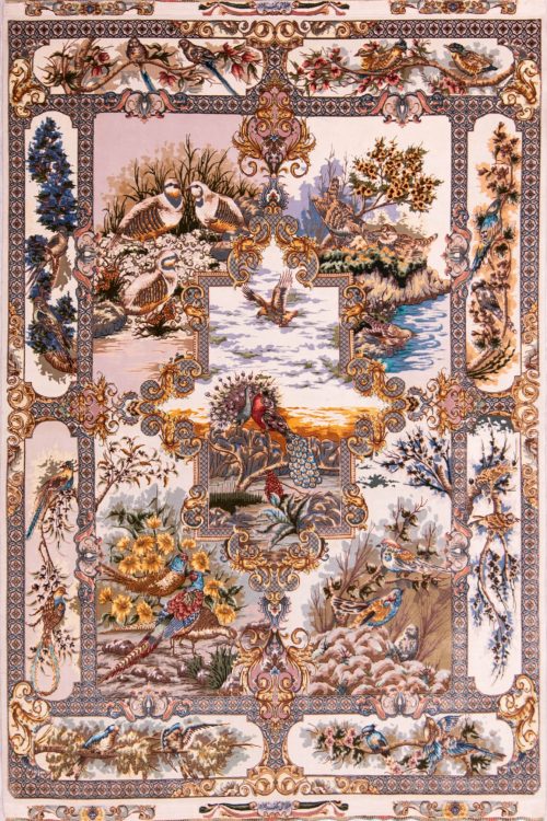 Handmade Persian Tabriz multicolor wool and silk scenic rug with pheasant and peacock. Size 5.2x7.3.