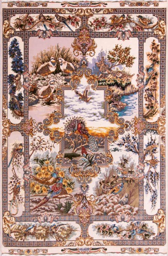 Handmade Persian Tabriz multicolor wool and silk scenic rug with pheasant and peacock. Size 5.2x7.3.