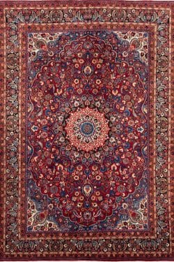 Handmade Persian Mood area rug, floral design with red and navy blue colors. Size 8.5x11.8.