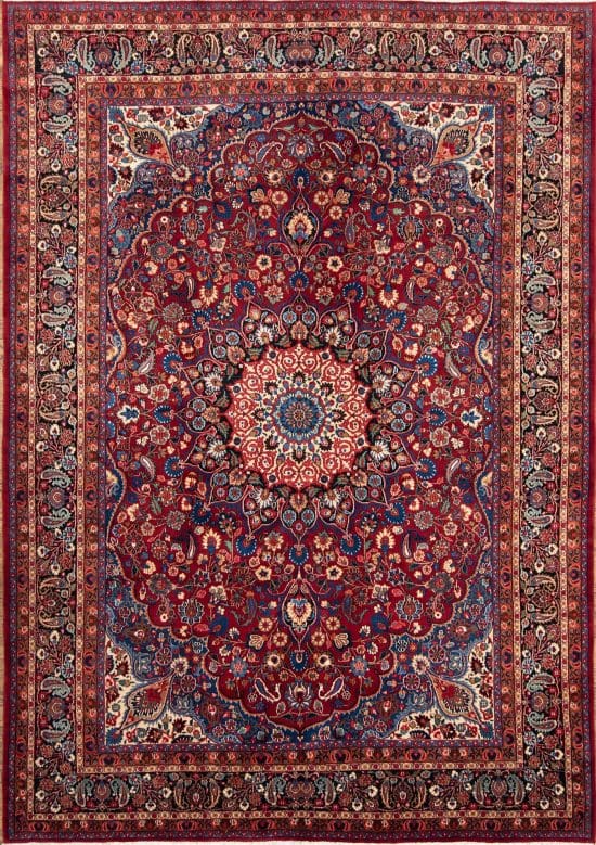 Handmade Persian Mood area rug, floral design with red and navy blue colors. Size 8.5x11.8.