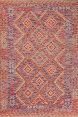 Handwoven multicolor flat weave geometric style kilim rug. Kilim size 4.10x6.3.