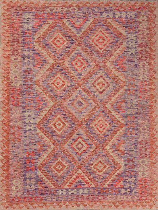 Handwoven multicolor flat weave geometric style kilim rug. Kilim size 4.10x6.3.