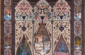 Multicolor hand knotted Persian Isfahan rug with vases, birds and flowers. Size 11.9x16.