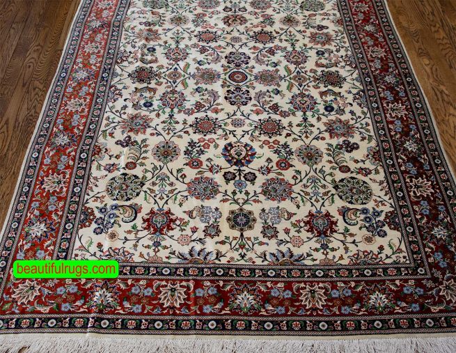 Handmade pure silk Ghom carpet from Iran, floral all-over design in beige color. Size 4.10x7.4.