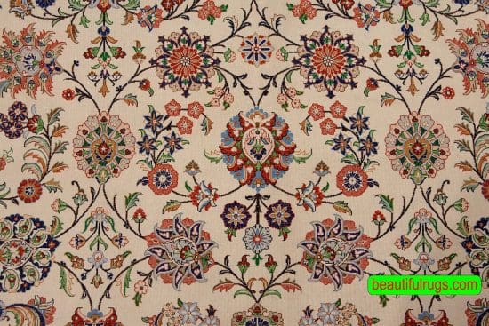 Handmade pure silk Ghom carpet from Iran, floral all-over design in beige color. Size 4.10x7.4.