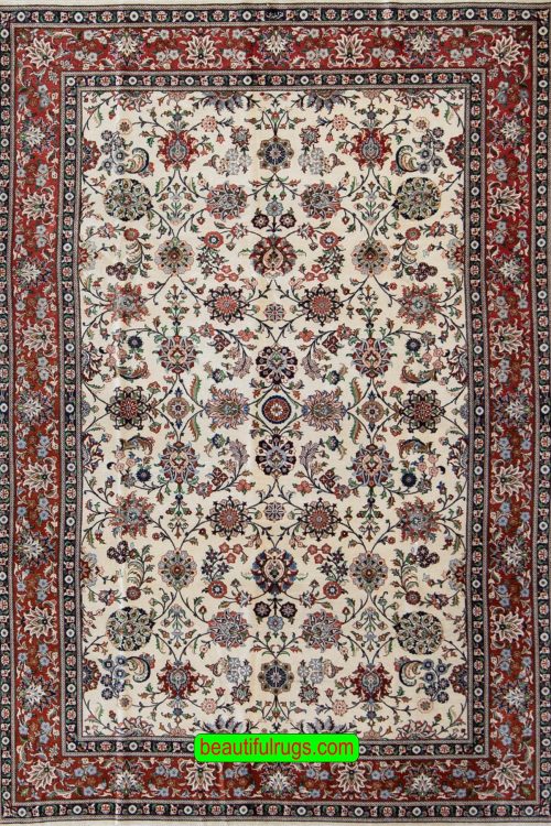 Handmade pure silk Ghom carpet from Iran, floral all-over design in beige color. Size 4.10x7.4.