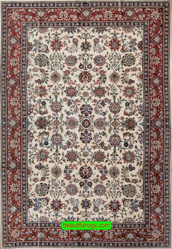 Handmade pure silk Ghom carpet from Iran, floral all-over design in beige color. Size 4.10x7.4.