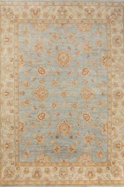 Handmade floral vintage looking Turkish style rug in blue color. Size 5.7x7.10.