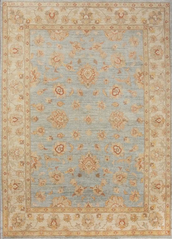 Handmade floral vintage looking Turkish style rug in blue color. Size 5.7x7.10.