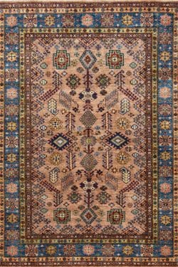 Handmade oriental rug in geometric Kazak style in brown and blue color. Size 5.1x7.