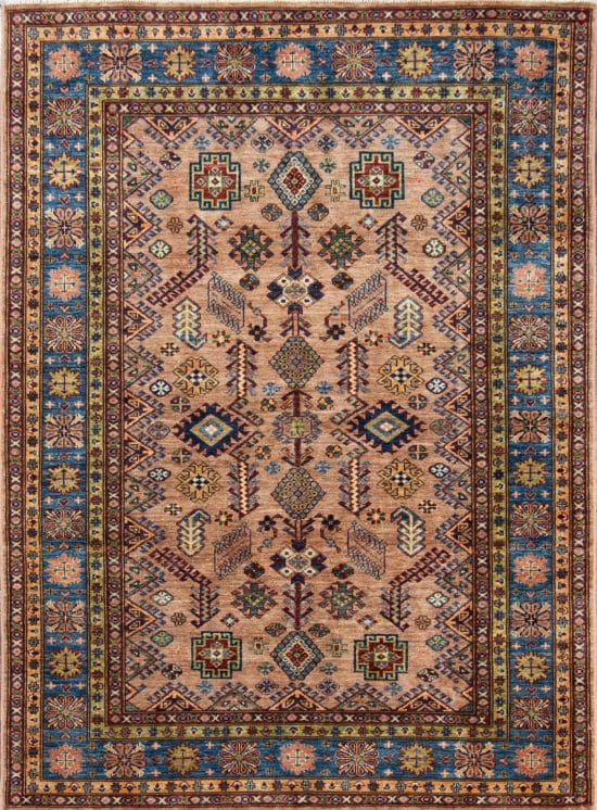 Handmade oriental rug in geometric Kazak style in brown and blue color. Size 5.1x7.