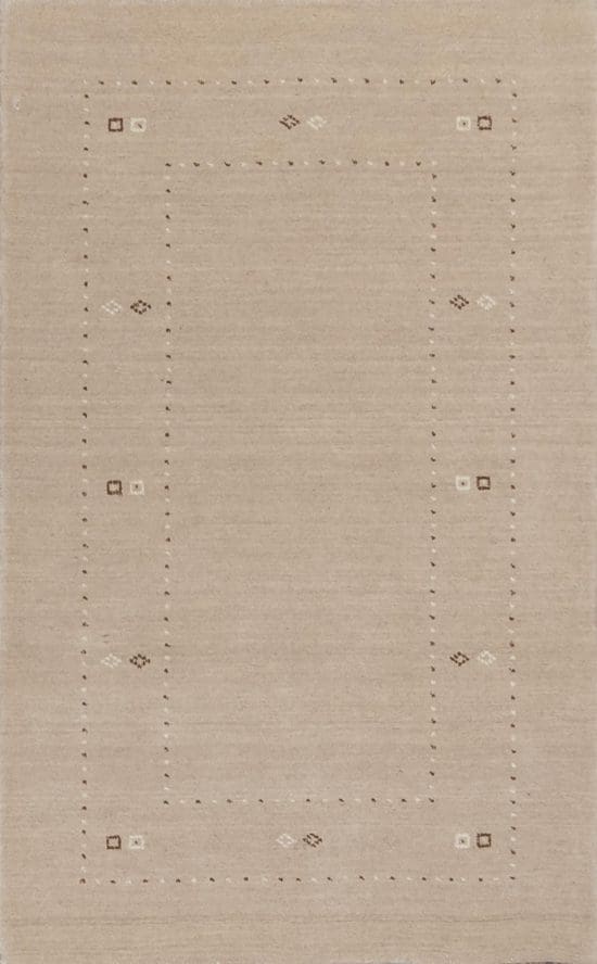 Hand loomed contemporary Gabbeh style wool area rug in beige color. Rug size 3.2x5.