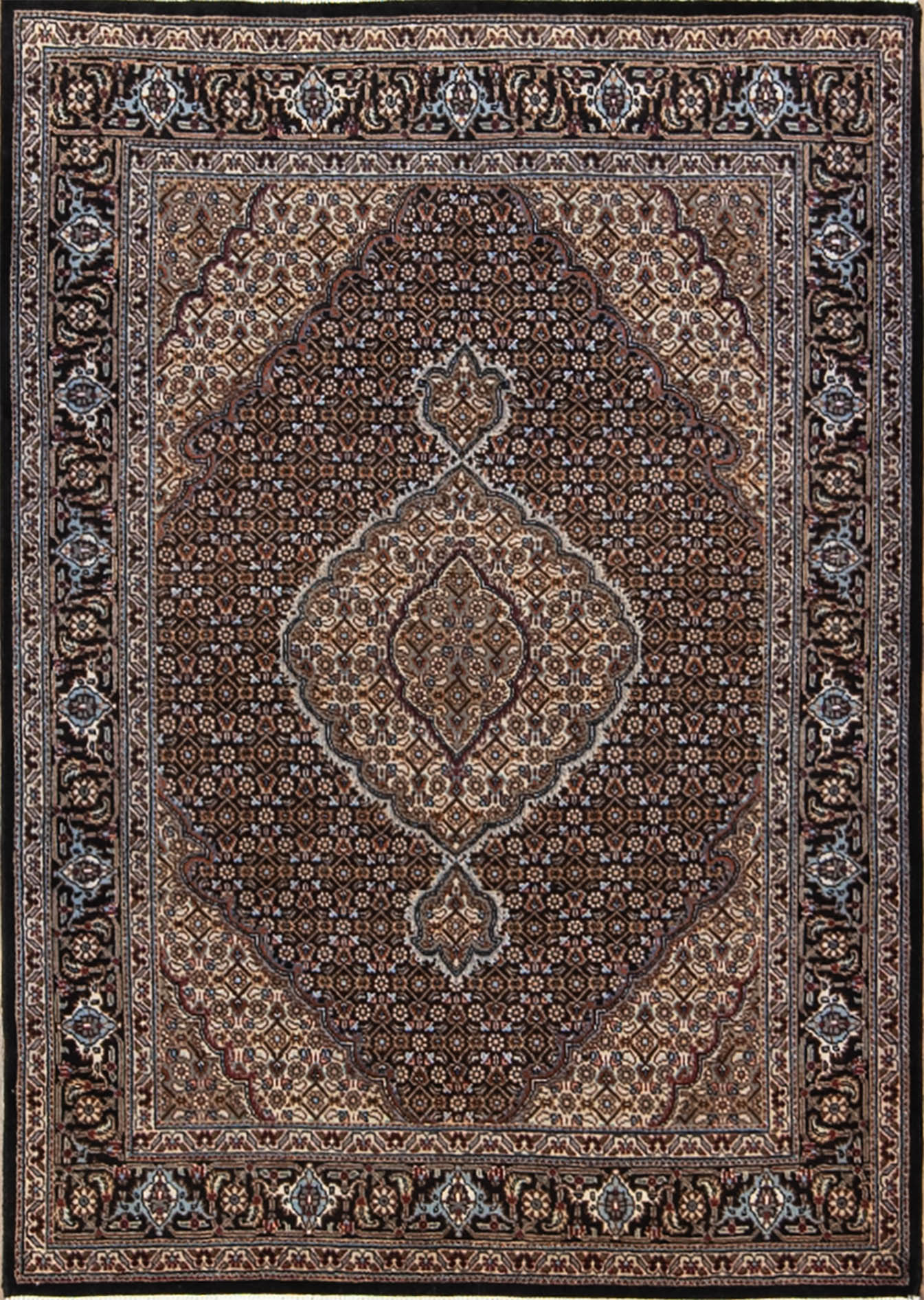 Hand knotted classic style Persian Tabriz carpet in black color made of wool and silk. Rug size 3.6x4.10.