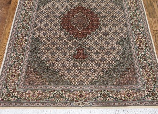 Handmade Persian Tabriz oriental rug, classic design wool and silk beige color Persian rug. Size 3.4x5.3.