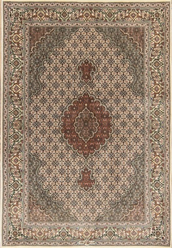 Handmade Persian Tabriz oriental rug, classic design wool and silk beige color Persian rug. Size 3.4x5.3.