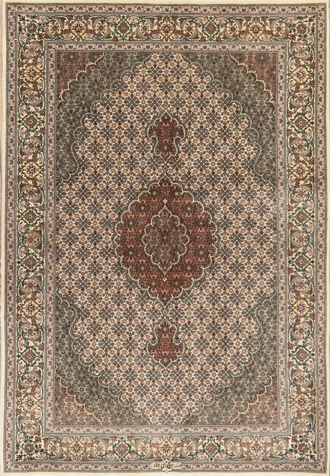 Handmade Persian Tabriz oriental rug, classic design wool and silk beige color Persian rug. Size 3.4x5.3.
