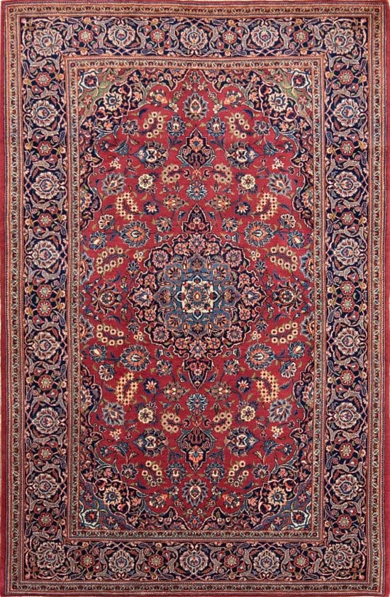 Hand knotted floral design vintage Persian Kashan rug in red color. Rug size 4.6x7.3.