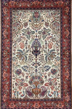 Handmade Persian Sarouk wool rug with tree of life pattern in beige and colors. Size 4.3x6.7.