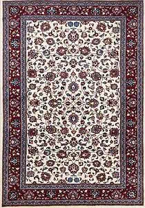 Handmade Persian Sarouk wool rug, floral design with white color in the primary field and red in the borders. Rug size 4.5x7.