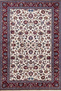 Handmade Persian Sarouk wool rug, floral design with white color in the primary field and red in the borders. Rug size 4.5x7.