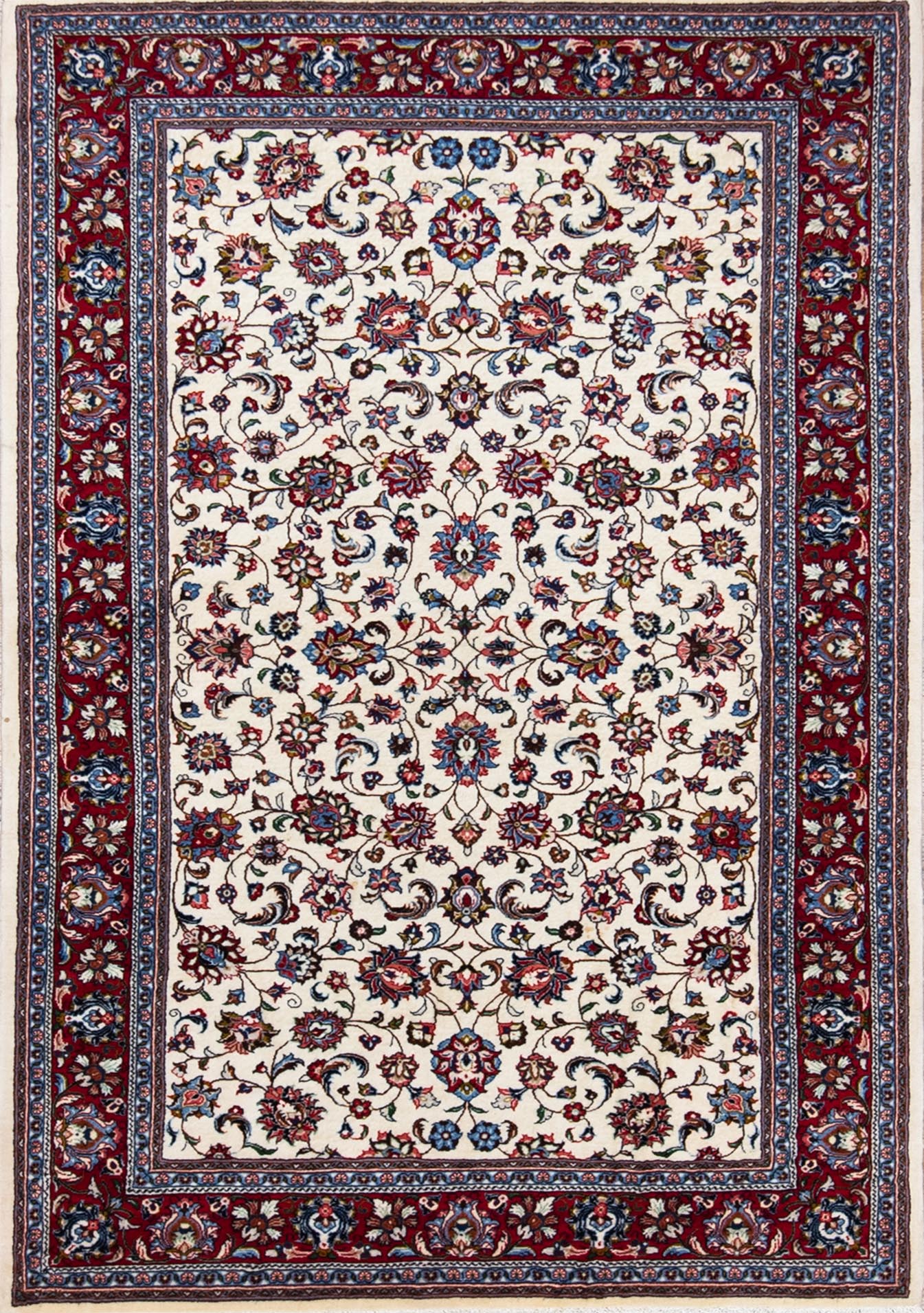 Handmade Persian Sarouk wool rug, floral design with white color in the primary field and red in the borders. Rug size 4.5x7.