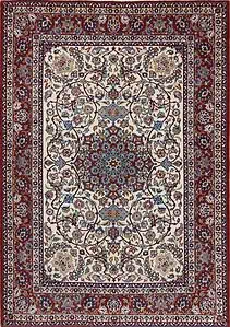 Authentic handmade antique Persian Isfahan wool rug with beige and red colors. Rug size 5x7.