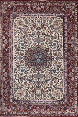 Authentic handmade antique Persian Isfahan Wool rug with beige and red colors. Rug size 5x7.