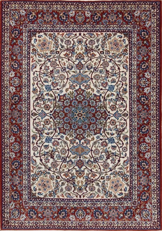 Authentic handmade antique Persian Isfahan Wool rug with beige and red colors. Rug size 5x7.