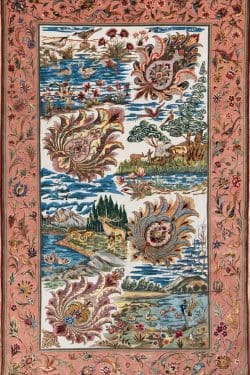 A hand-woven multicolor masterpiece Persian Tabriz rug featuring a nature scene with birds and animals. Size 5x8.5.