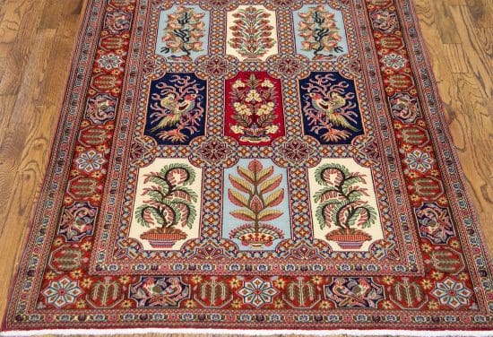 A small handmade Persian Qum area rug, multicolor wool area rug with flowers and birds in different panels. Size 3.4x5.