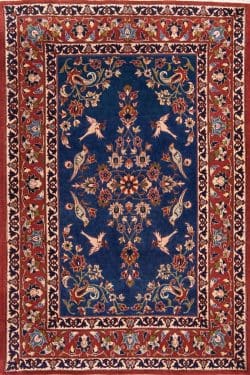 Handmade wool Persian Varamin blue rug with birds and flowers. Rug size 3.5x5.