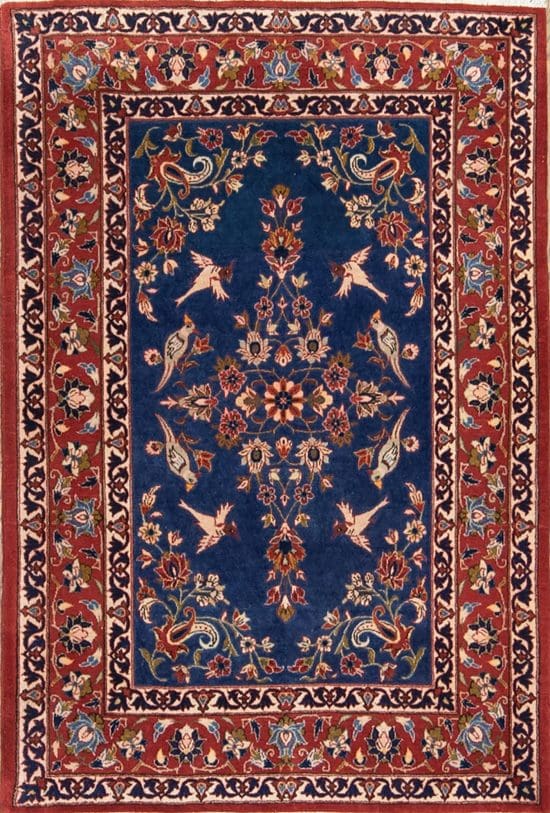 Handmade wool Persian Varamin blue rug with birds and flowers. Rug size 3.5x5.