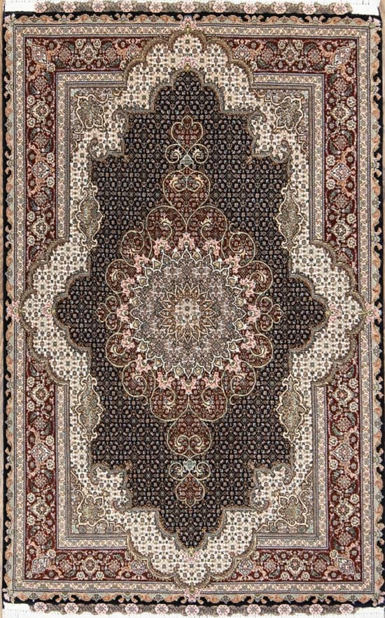 A classic style black area rug, Persian Tabriz wool and silk area rug. Size 3.4x5.5.