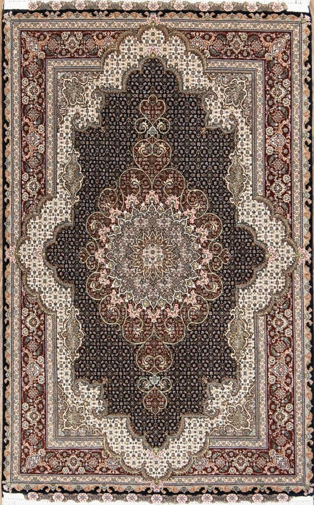 Persian Tabriz 7x7 Round Black Wool Silk Area Rug