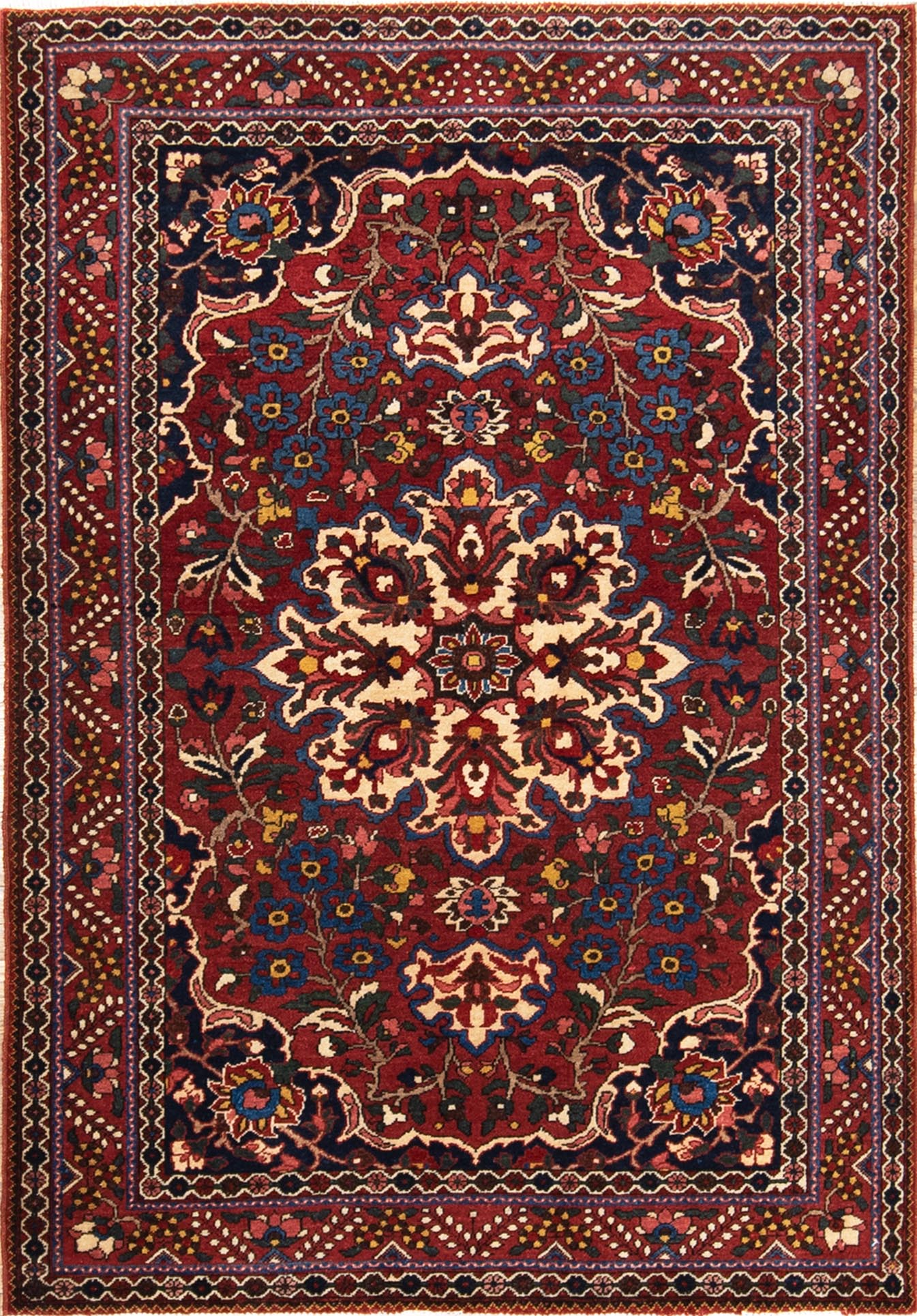 Vintage Persian Bakhtiari wool rug with terracotta and blue colors. Rug size 4.8x6.8.