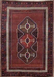 Handmade geometric style Persian Sirjan wool area rug in red color. Size 5.5x7.9.