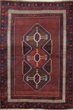 Handmade geometric style Persian Sirjan wool area rug in red color. Size 5.5x7.9.