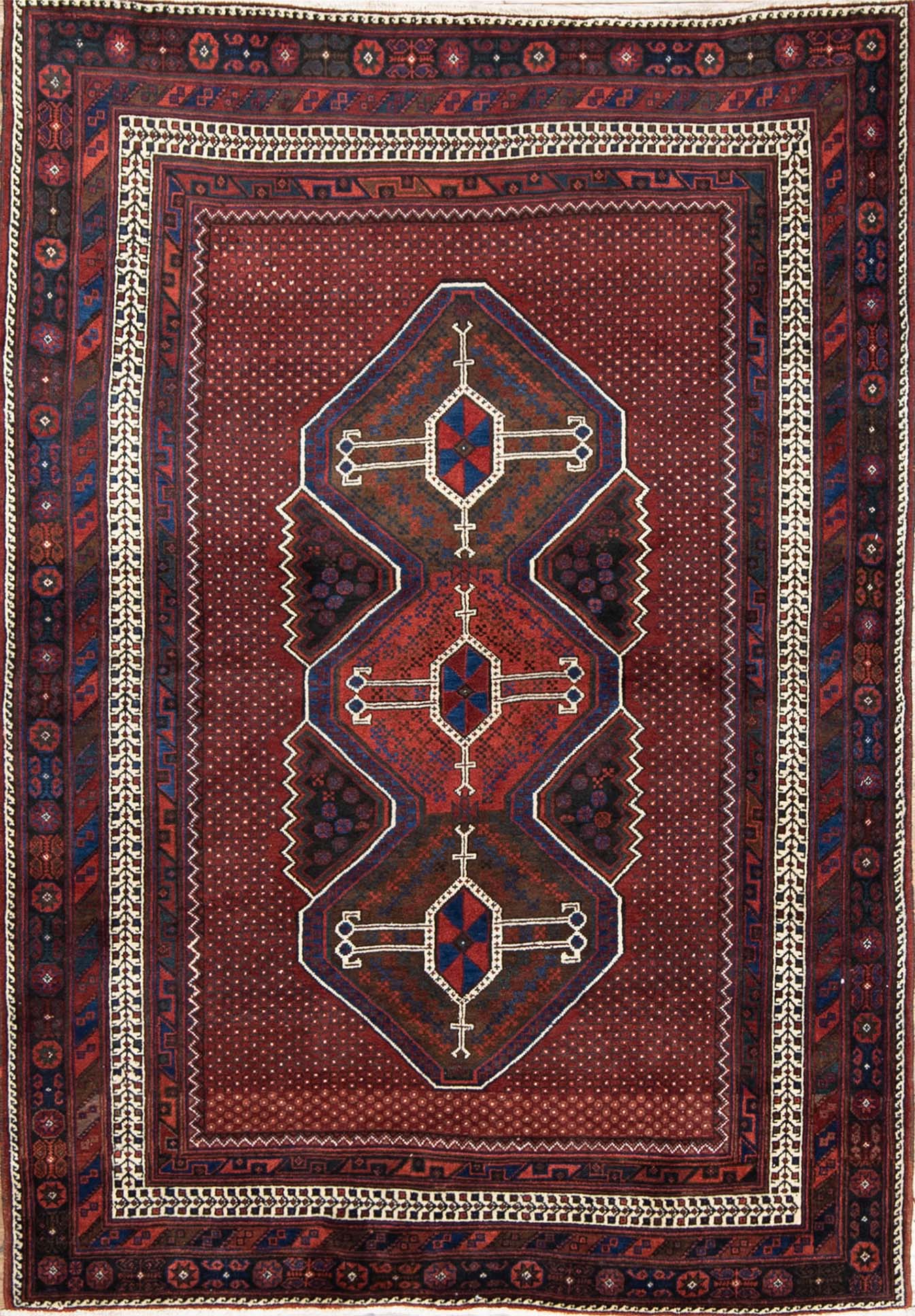 Handmade geometric style Persian Sirjan wool area rug in red color. Size 5.5x7.9.