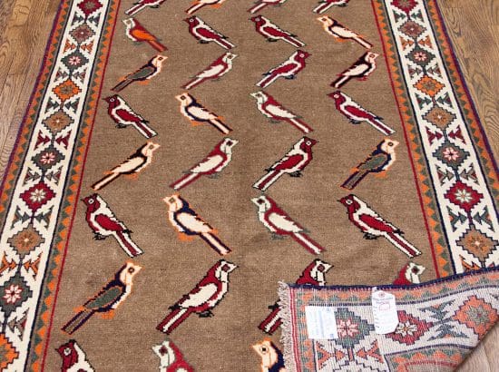 Hand knotted Persian Shiraz wool area rug with sparrows in beige color. Size 4.5x7.